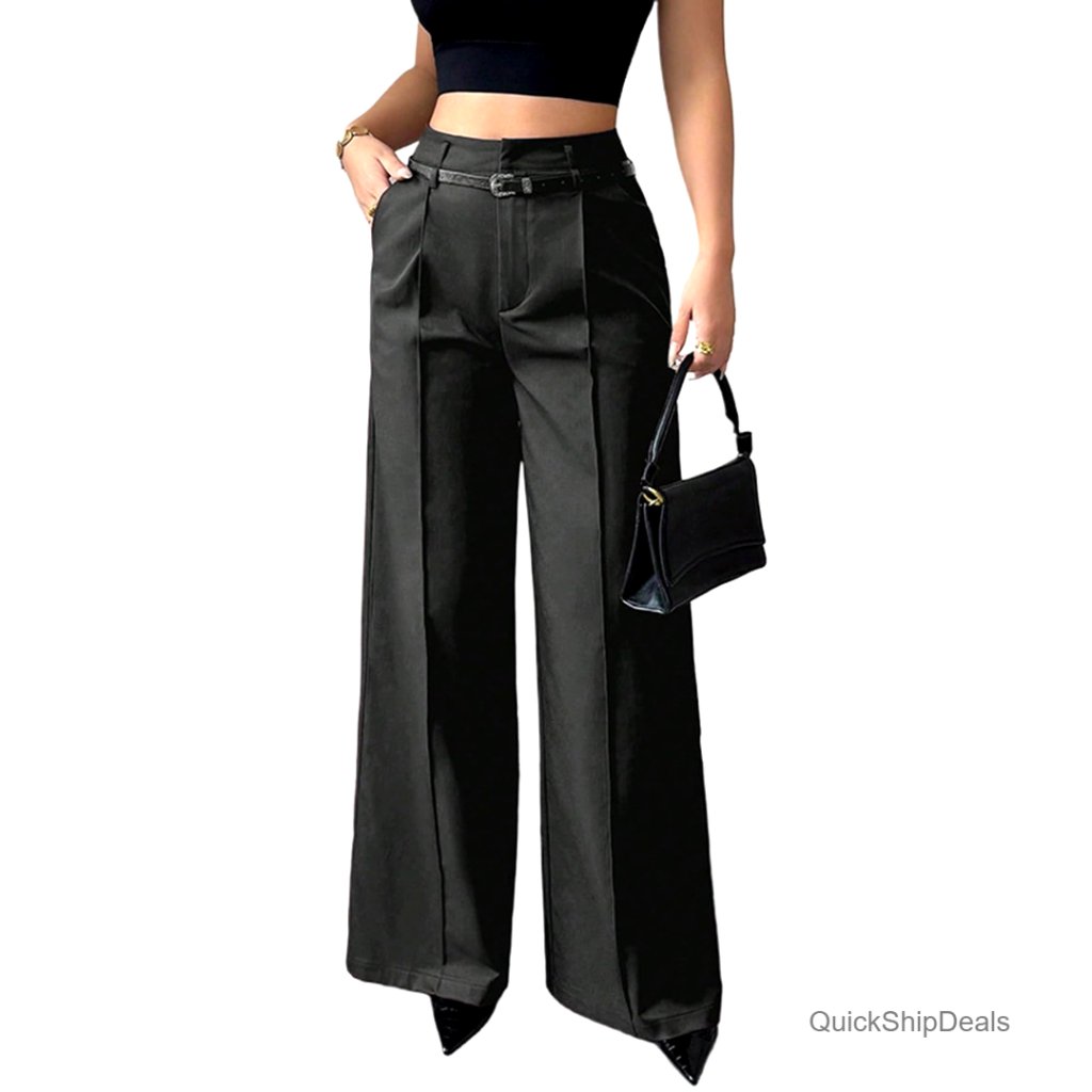 High Waisted Wide Leg Work Trousers Polyester Business Casual Pants